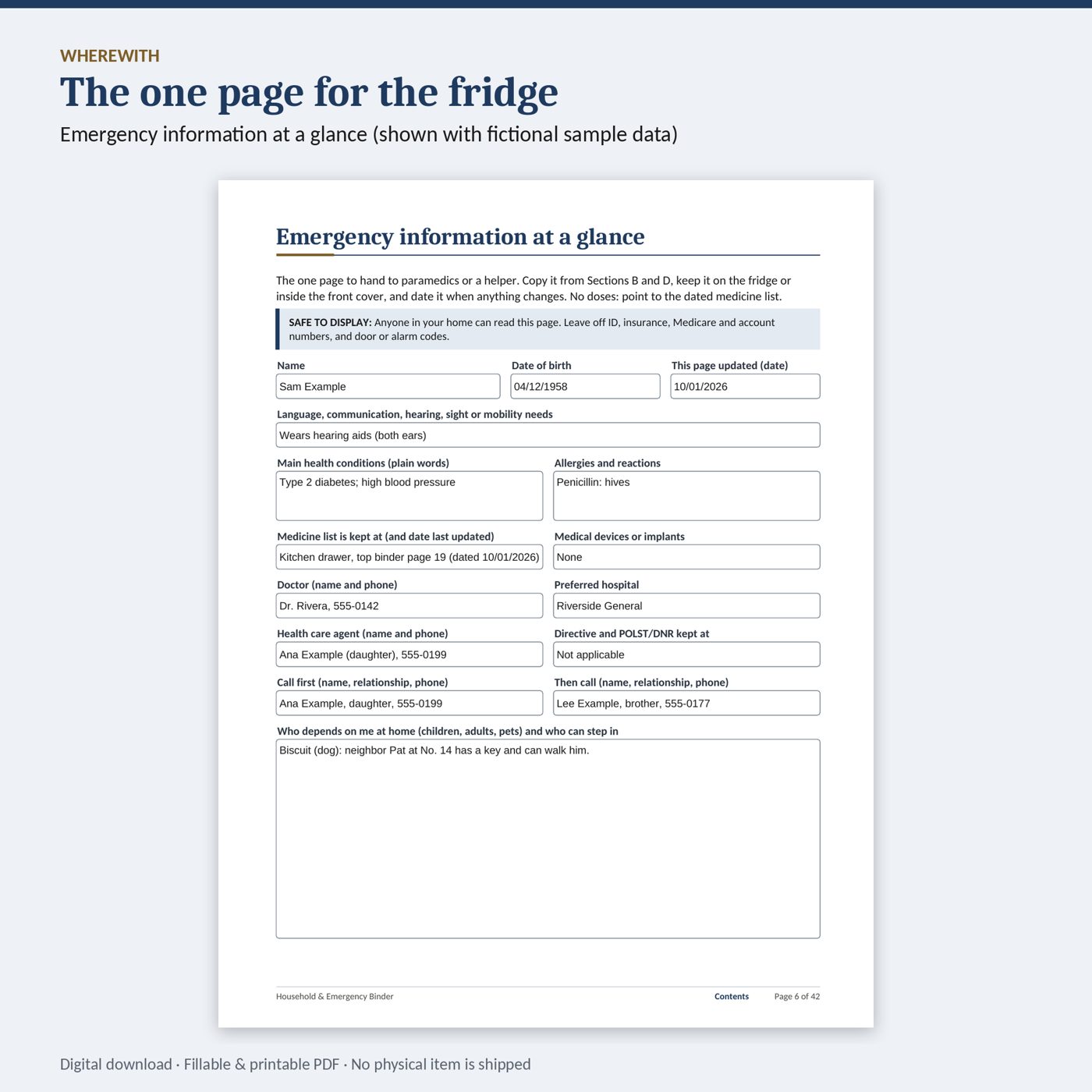 The emergency information page, filled in with fictional details