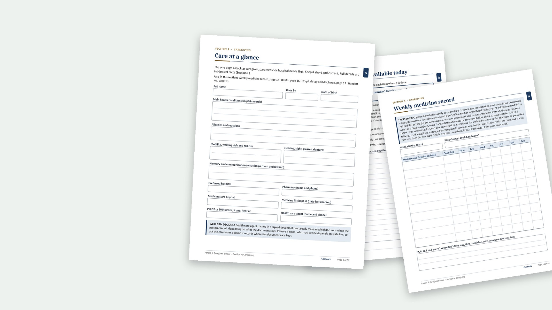 Parent & Caregiver Binder pages