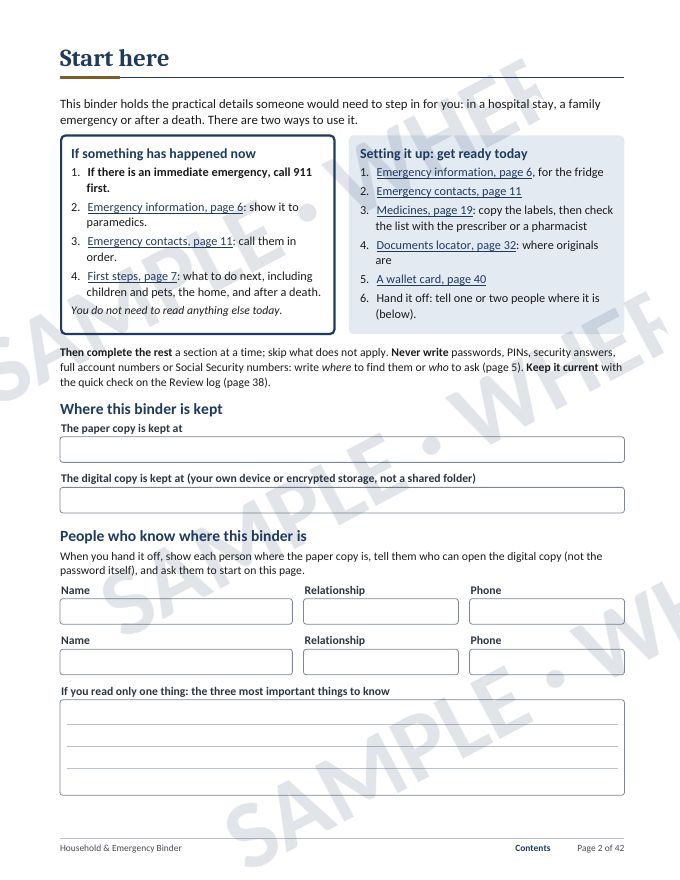 Household & Emergency Binder, page 2: Start here (watermarked sample)